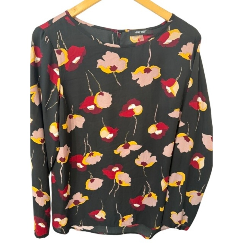 Nine West Floral Blouse Womens Large Long Sleeve Black Red Yellow Poppy Top